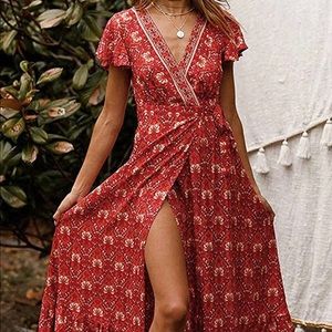 ZESICA Bohemian/Boho Floral Printed Wrap V Neck Short Sleeve Split Maxi Dress